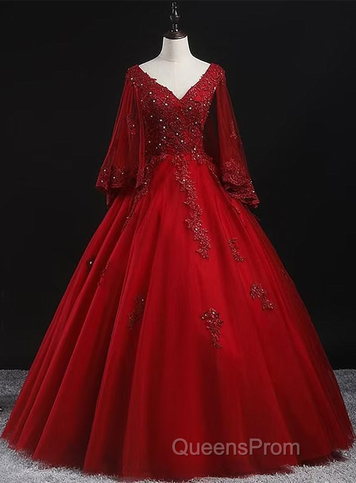 Glam Tulle With Lace Applique Ball Gown Sweet 16 Dress, Beaded Evening Prom Dress Evening Dress