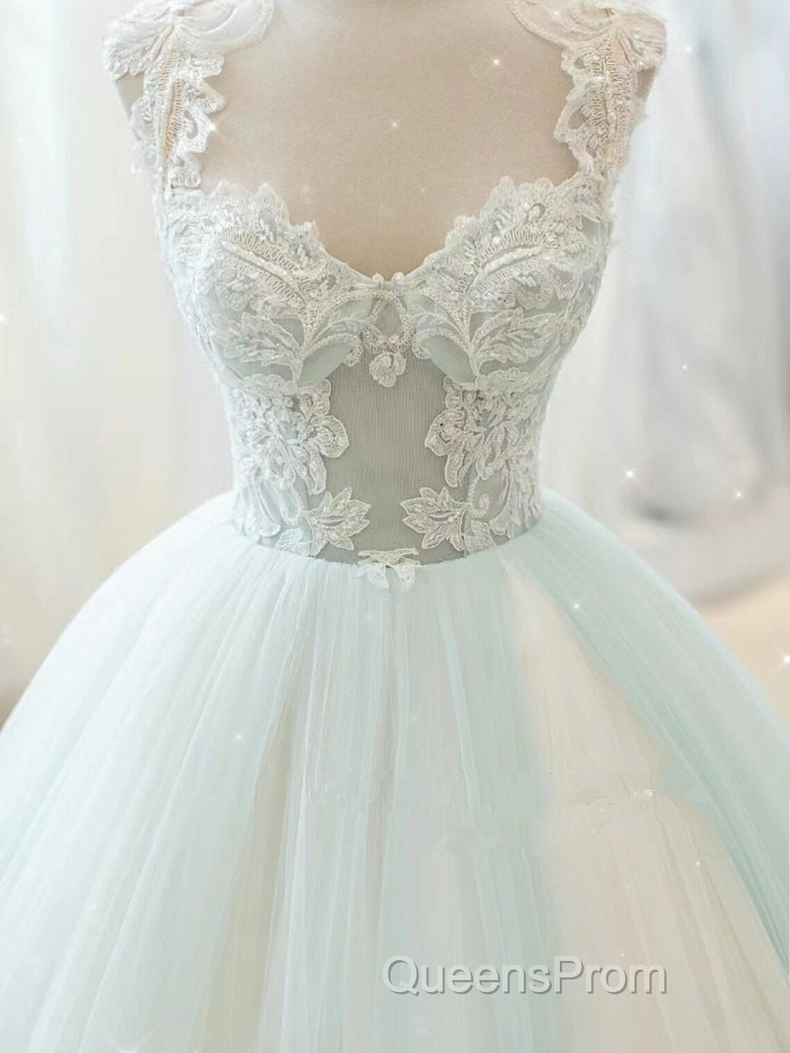 Glam White And Mint Green Tulle With Lace Party Dress, Straps Formal Dress Evening Dress Secondary image
