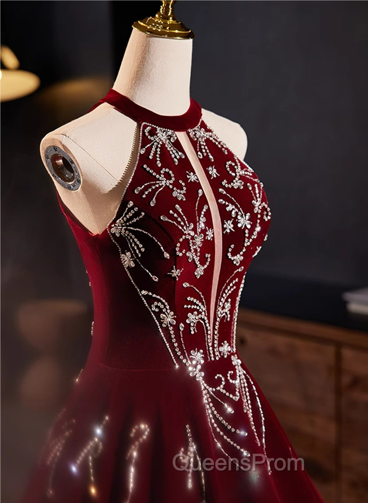 Glam Wine Red Beaded Velvet Halter Evening Dress, Wine Red Velvet Evening Prom Dress Secondary image