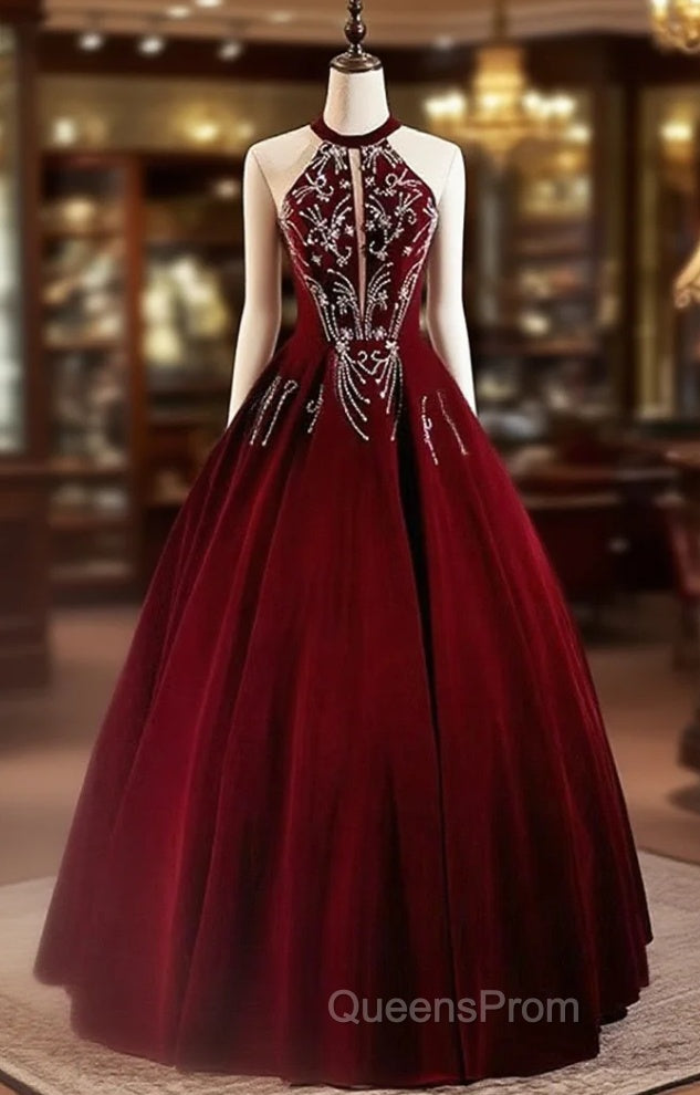 Glam Wine Red Beaded Velvet Halter Evening Dress, Wine Red Velvet Evening Prom Dress Main image