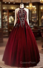 Glam Wine Red Beaded Velvet Halter Evening Dress, Wine Red Velvet Evening Prom Dress