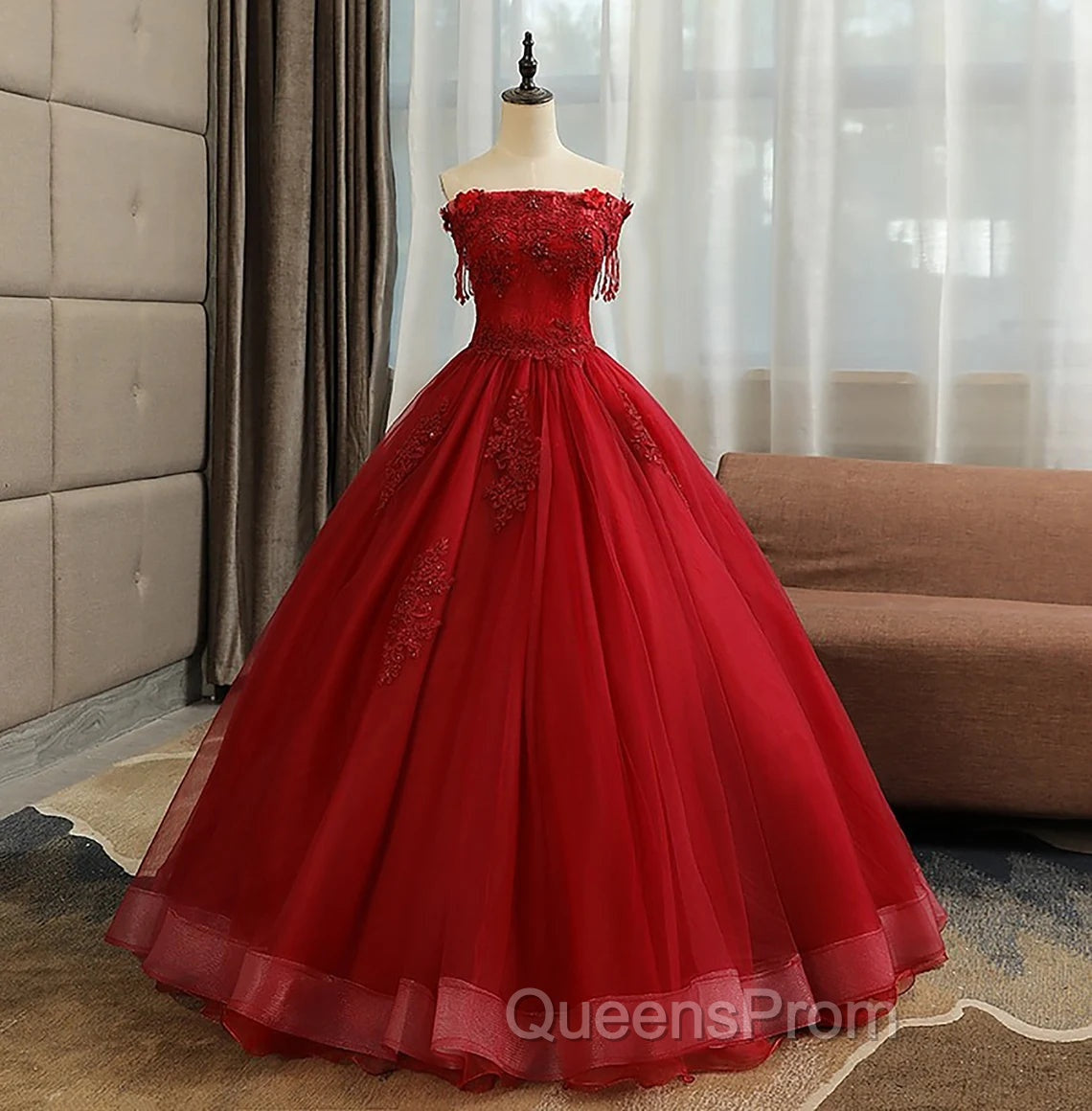 Glam Wine Red Quinceanera Dress Party Dress, Tulle Long Embroidered with Flowers Evening Dress Secondary image