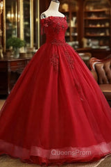 Glam Wine Red Quinceanera Dress Party Dress, Tulle Long Embroidered with Flowers Evening Dress