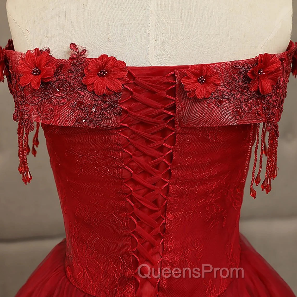 Glam Wine Red Quinceanera Dress Party Dress, Tulle Long Embroidered with Flowers Evening Dress