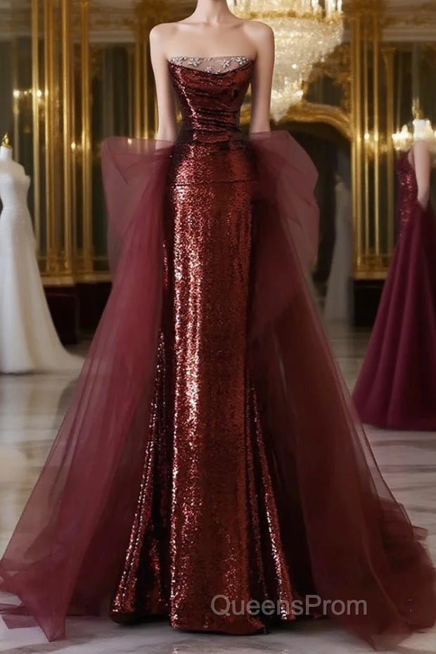 Glam Wine Red Sequins And Tulle Long Party Dress, Wine Red Evening Dress Evening Prom Dress Main image