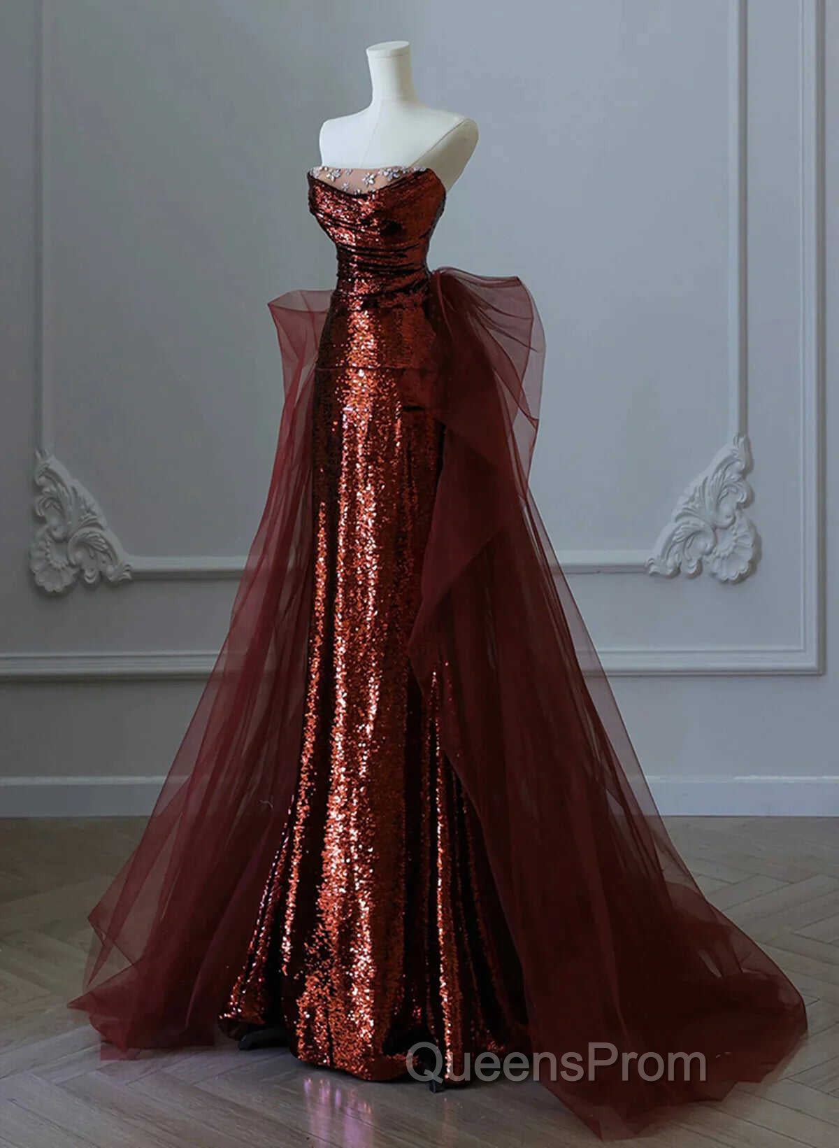 Glam Wine Red Sequins And Tulle Long Party Dress, Wine Red Evening Dress Evening Prom Dress Secondary image