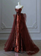 Glam Wine Red Sequins And Tulle Long Party Dress, Wine Red Evening Dress Evening Prom Dress