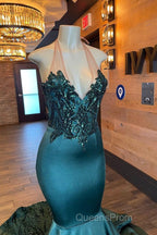 Glamorou V-Neck Sleeveless Halter Mermaid Evening Prom Dress With Beading