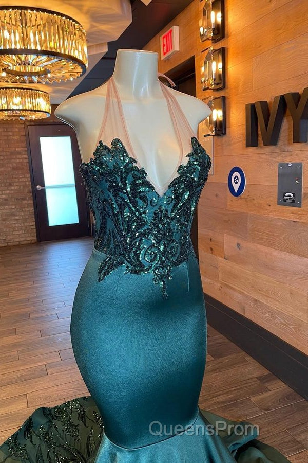Glamorou V-Neck Sleeveless Halter Mermaid Evening Prom Dress With Beading