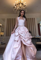Glamorous 2 Pieces Light Pink Satin Long Classy Prom Dress