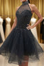 Glamorous A Line High Neck Beaded Tulle Short Black Evening Prom Dress, Beaded Black Homecoming Dress, Black Short Formal Graduation Evening Dress