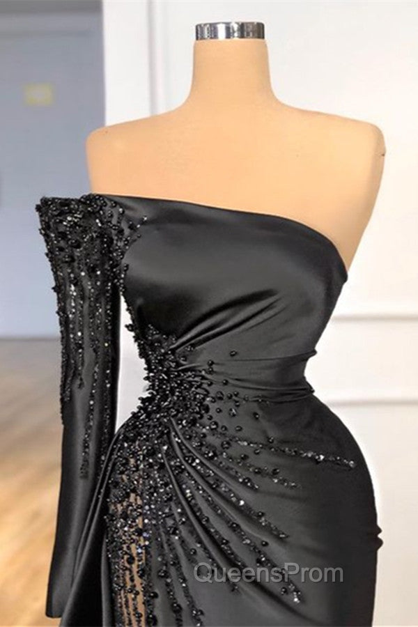 Glamorous Black Long Sleeve One Shoulder Evening Prom Dress Beadings Evening Gowns Secondary image