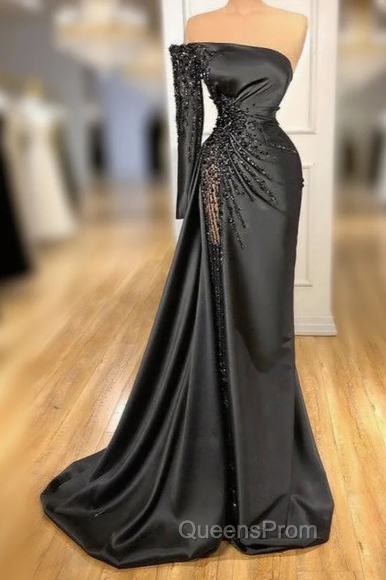 Glamorous Black Long Sleeve One Shoulder Evening Prom Dress Beadings Evening Gowns Main image