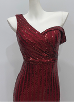 Glamorous Burgundy Slim-Fit One-Shoulder Slit Sequin Long Classy Prom Dress