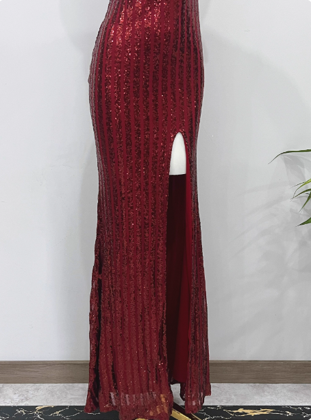 Glamorous Burgundy Slim-Fit One-Shoulder Slit Sequin Long Classy Prom Dress