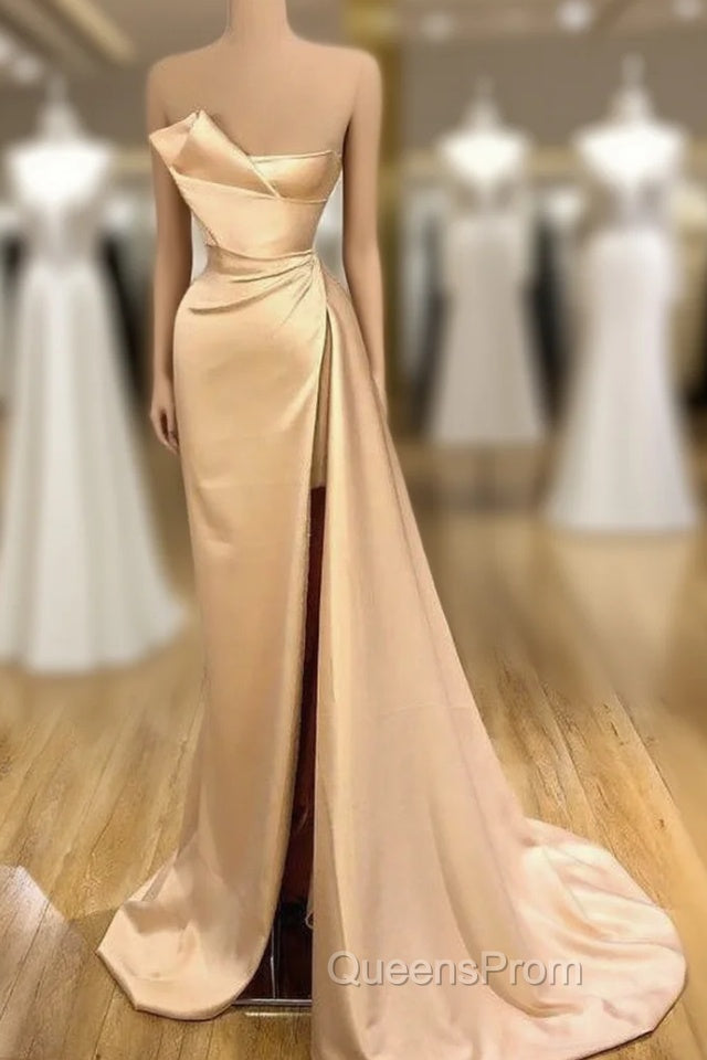 Glamorous Champagne Starpless Long Evening Prom Dress With Split Online Main image