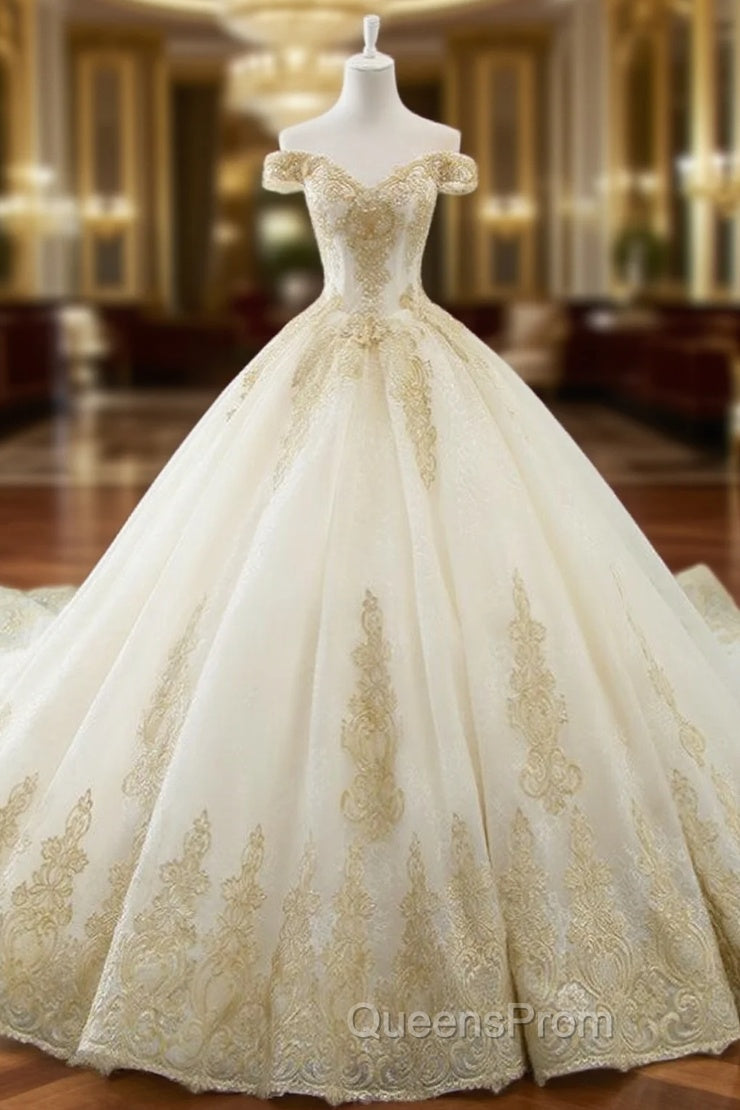 Glamorous Champagne Tulle Lace Appliques Off The Shoulder Wedding Dress Main image