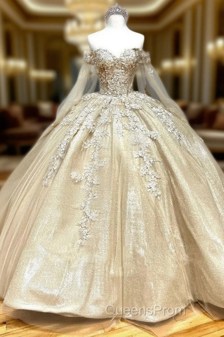 Glamorous Gold Sweetheart Ball Gown with Cape Sleeves Quinceanera Dress Main image