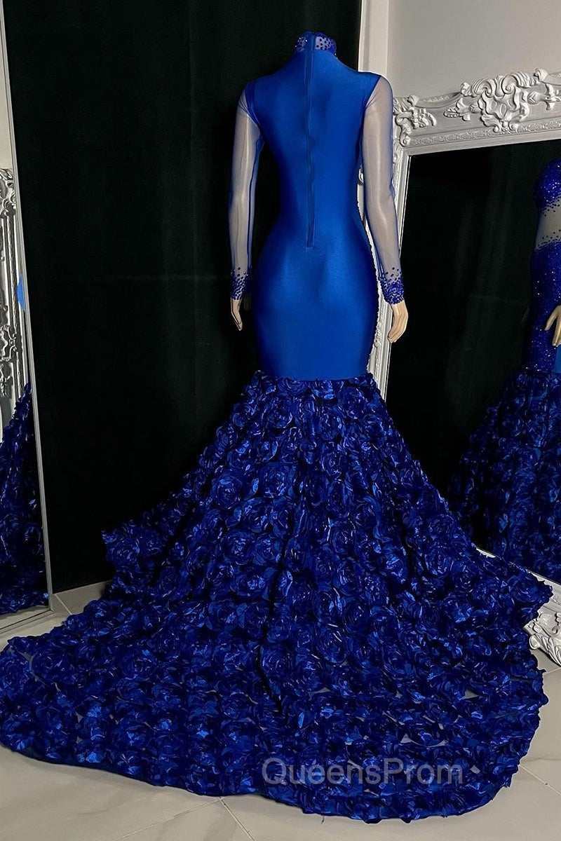 Glamorous High Neck Long Sleeves Evening Prom Dress Mermaid Flowers Bottom With Beads
