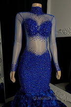 Glamorous High Neck Long Sleeves Evening Prom Dress Mermaid Flowers Bottom With Beads