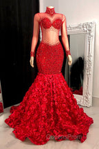 Glamorous High Neck Long Sleeves Evening Prom Dress Mermaid Flowers Bottom With Beads