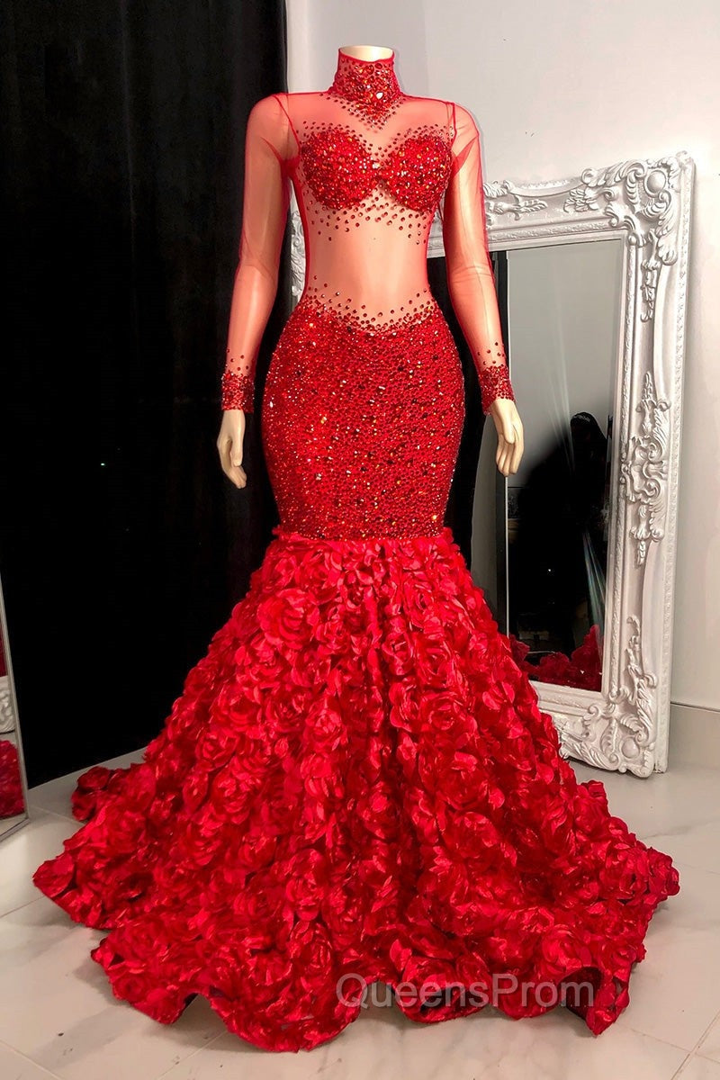 Glamorous High Neck Long Sleeves Evening Prom Dress Mermaid Flowers Bottom With Beads