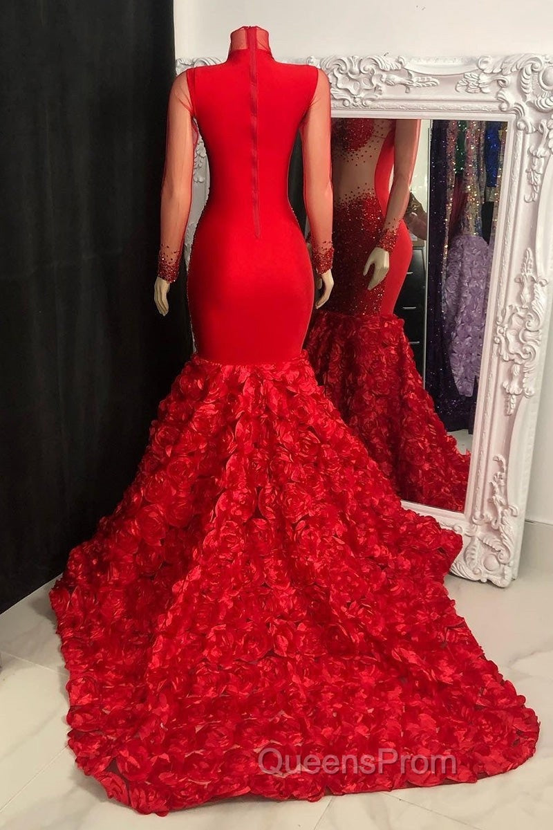 Glamorous High Neck Long Sleeves Evening Prom Dress Mermaid Flowers Bottom With Beads