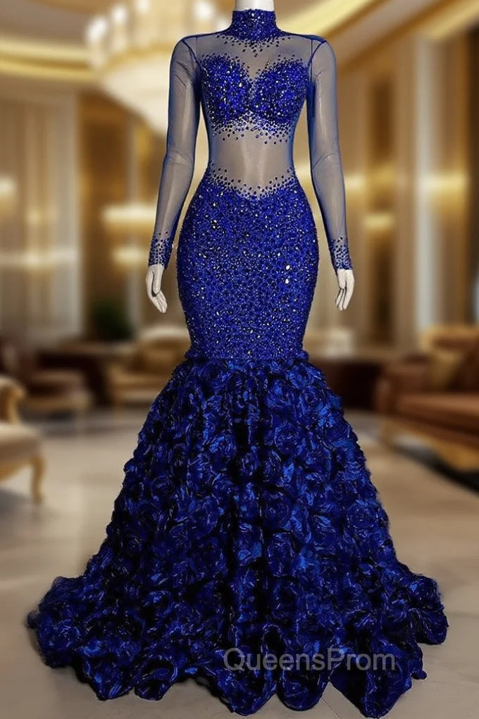 Glamorous High Neck Long Sleeves Evening Prom Dress Mermaid Flowers Bottom With Beads Main image
