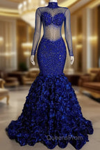 Glamorous High Neck Long Sleeves Evening Prom Dress Mermaid Flowers Bottom With Beads