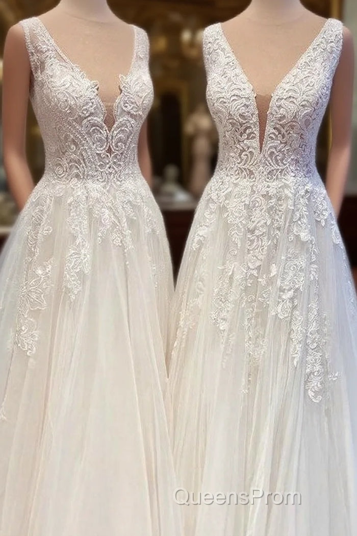 Glamorous Long A-Line Open Back Tulle Appliques Lace Wedding Dress Main image
