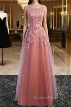 Glamorous Long Evening Dress Lace Cameo Pink Party Dress A Line Applique Tulle Maxi Evening Dress