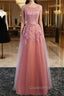 Glamorous Long Evening Dress Lace Cameo Pink Party Dress A Line Applique Tulle Maxi Evening Dress