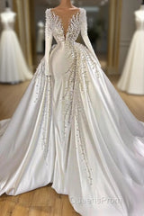 Glamorous Long Sleeve Pearls Wedding Dress V-Neck With Detachable Train Online