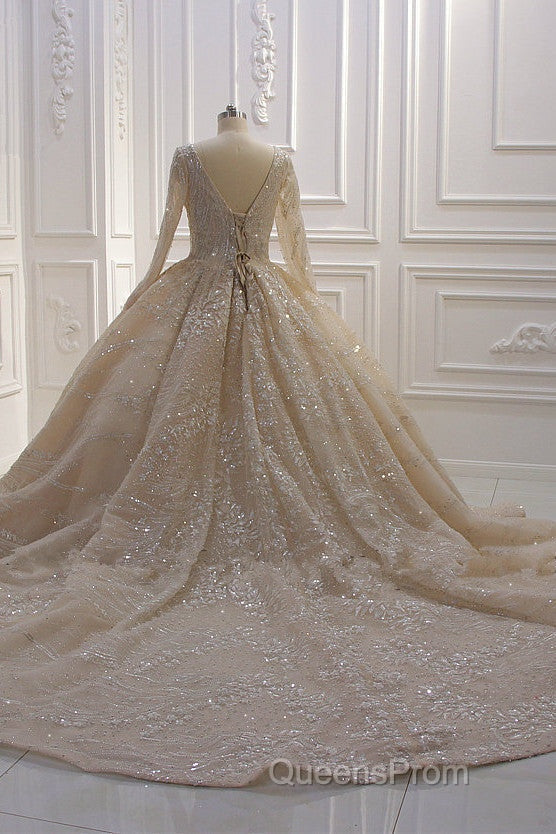 Glamorous Long Sleeve V-neck Sequin Beading Ball Gown Wedding Dress