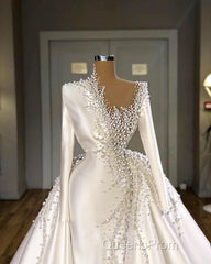 Glamorous Long Sleeves Pearls Wedding Dress Mermaid With Detachable Train