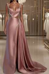 Pink Sweetheart Spaghetti Strap Evening Prom Dress with High Slit Trail