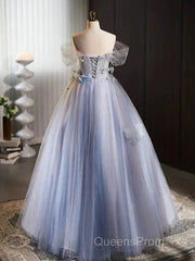 Glitter A-Line Off Shoulder Tulle Flower Quinceanera Dress Blue Long Evening Prom Dress Beautiful