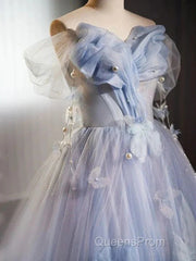 Glitter A-Line Off Shoulder Tulle Flower Quinceanera Dress Blue Long Evening Prom Dress Beautiful