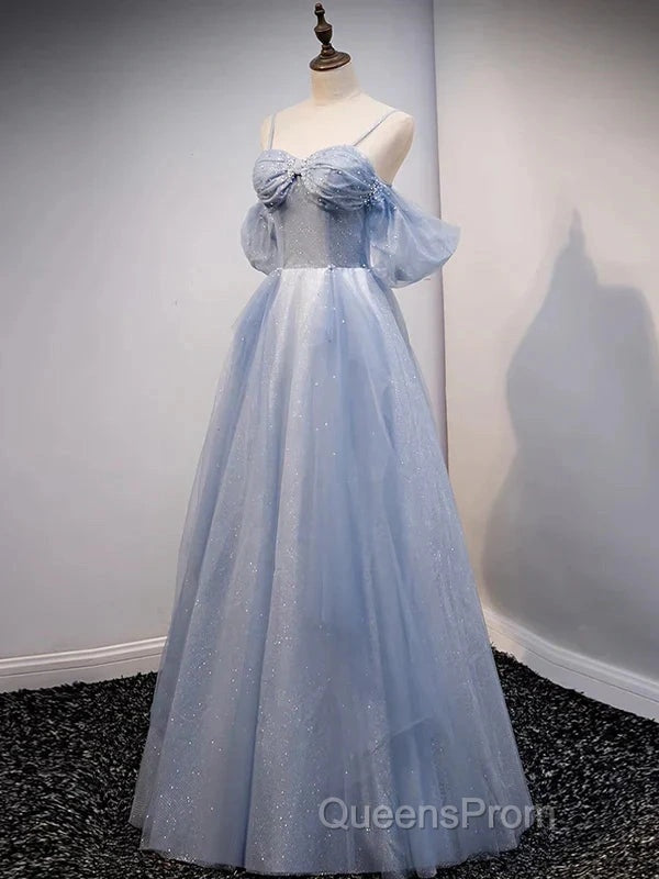 Glitter A-Line Princess Off Shoulder Tulle Gray Blue Long Evening Prom Dress Sparkly Evening Dress Secondary image