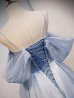 Glitter A-Line Princess Off Shoulder Tulle Gray Blue Long Evening Prom Dress Sparkly Evening Dress