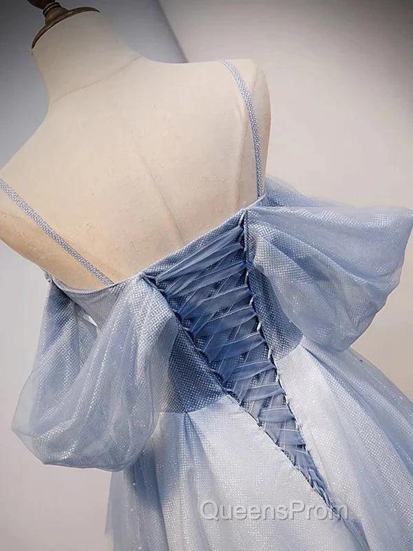 Glitter A-Line Princess Off Shoulder Tulle Gray Blue Long Evening Prom Dress Sparkly Evening Dress