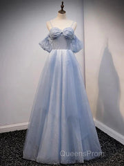 Glitter A-Line Princess Off Shoulder Tulle Gray Blue Long Evening Prom Dress Sparkly Evening Dress