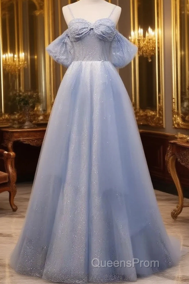 Glitter A-Line Princess Off Shoulder Tulle Gray Blue Long Evening Prom Dress Sparkly Evening Dress Main image
