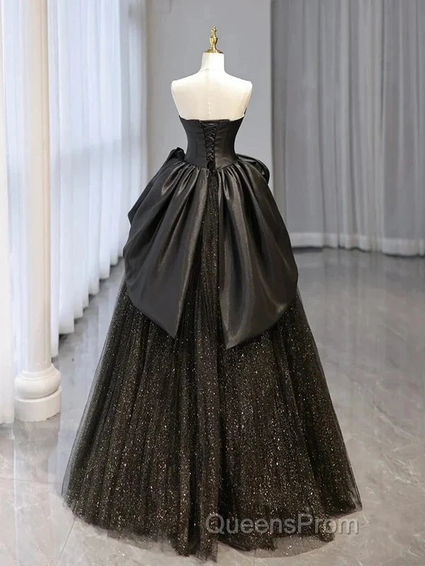 Glitter A-Line Sweetheart Neck Tulle Satin Ballgown Black Long Evening Prom Dress Sparkly Evening Dress Secondary image