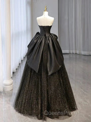 Glitter A-Line Sweetheart Neck Tulle Satin Ballgown Black Long Evening Prom Dress Sparkly Evening Dress