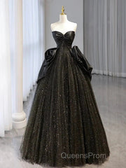 Glitter A-Line Sweetheart Neck Tulle Satin Ballgown Black Long Evening Prom Dress Sparkly Evening Dress