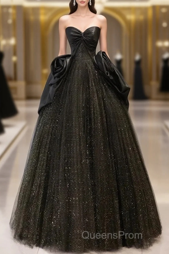 Glitter A-Line Sweetheart Neck Tulle Satin Ballgown Black Long Evening Prom Dress Sparkly Evening Dress Main image