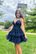 Glitter Black Tiered Spaghetti Straps Short Homecoming Dress