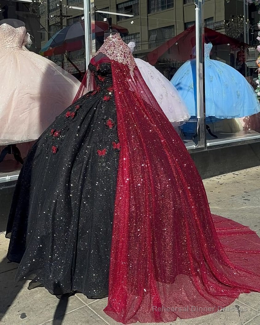 Glitter Black With Burgundy Butterflies Quinceanera Dress Sweet 16 Dress Ball Gown Secondary image