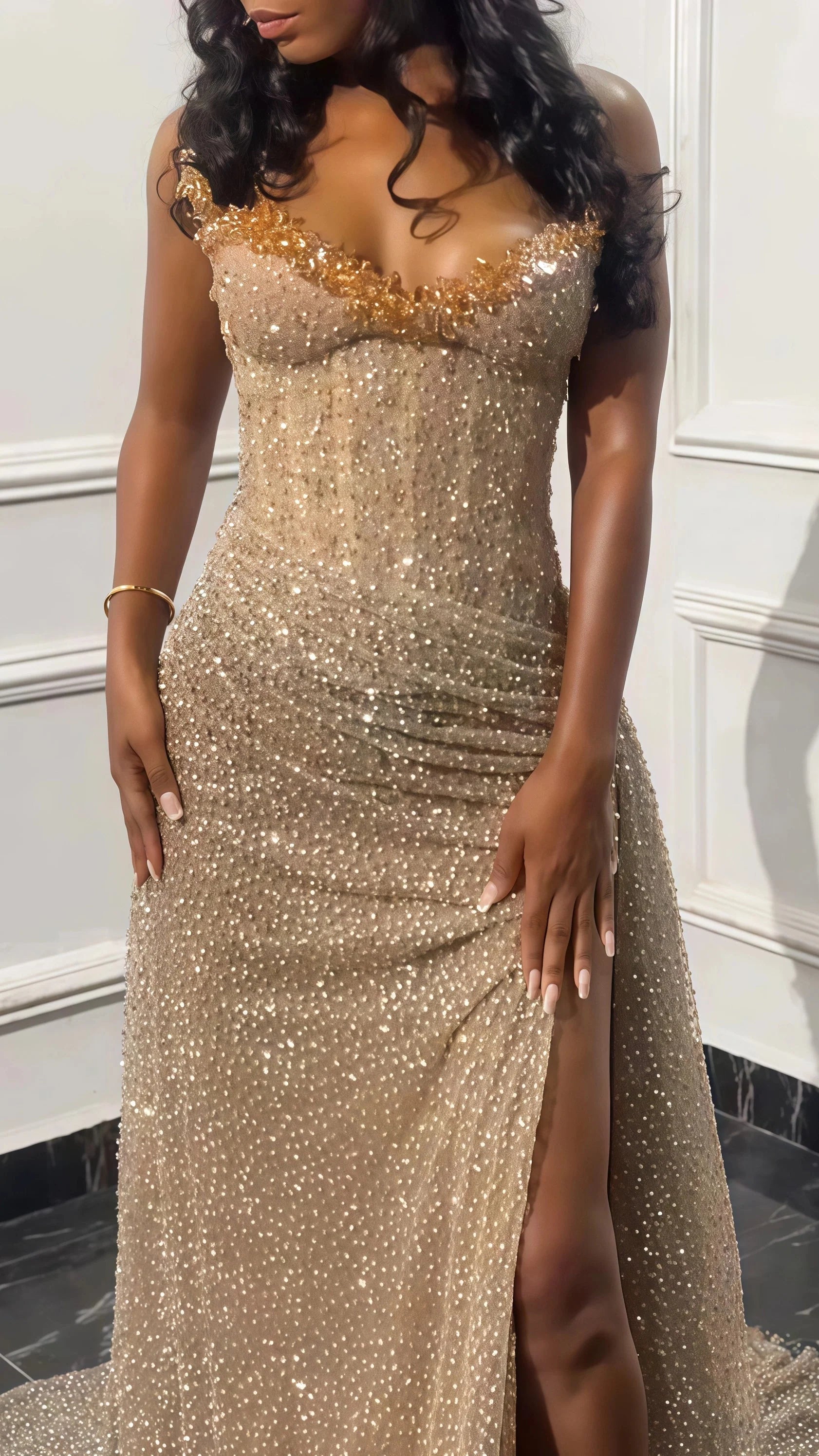 Glitter Bodycon Champagne Classy Evening Classy Prom Dress, Sexy Beaded Split Party Classy Gown Secondary image